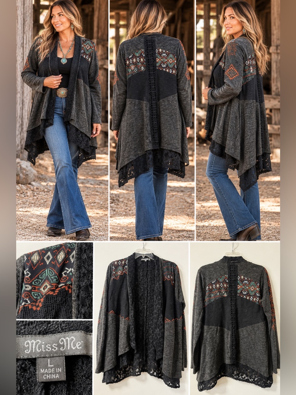 Miss Me Boho Southwestern Lace Open Front Cardigan Duster Size L
